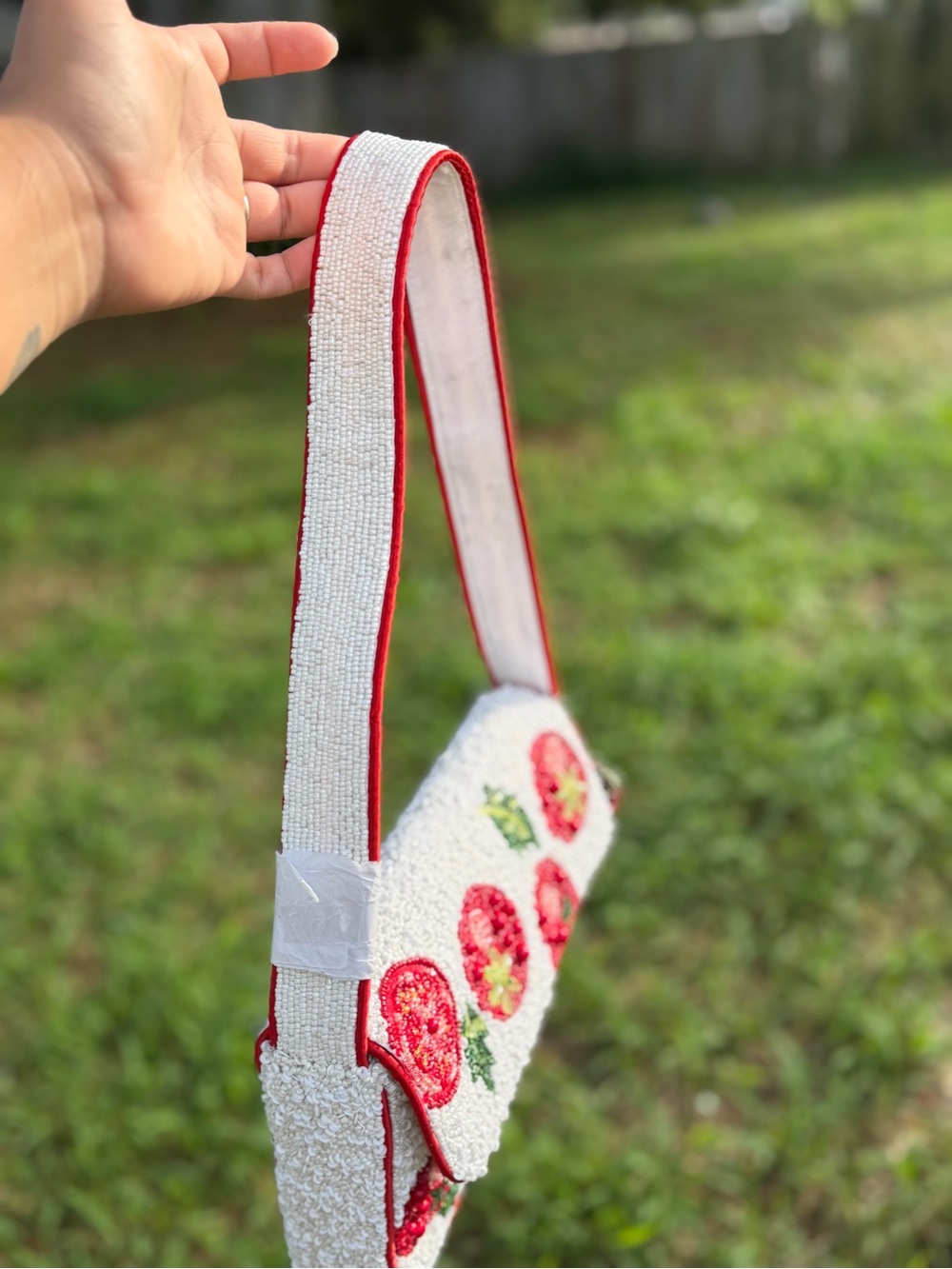 Viral Beaded White and Red Tomato Motif Shoulder Bag - Picture 2 of 3